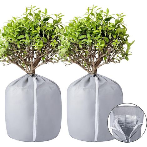 Lot de 2 housses de protection pour pots 40 x 35 cm, voile d'hivernage réutilisable pour plantes en pot, gris (1/5)