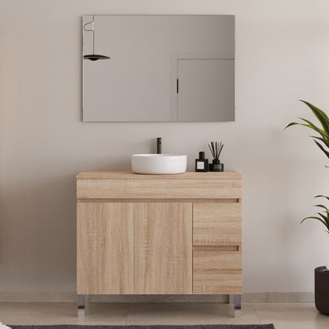 Meuble de salle de bain 90cm sur pieds avec plateau et une cuve à poser ronde - portes et tiroirs - cambrian (chêne clair) - HARO