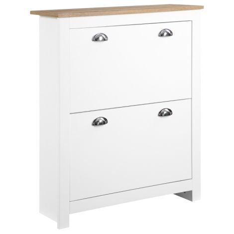 Modern 2 Drawer Shoe Cabinet Wooden Storage Organizer with Flip Doors Adjustable Shelf for 12 Pairs in White for Hallway