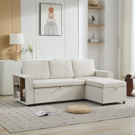 Ecksofa mit Stauraum und Armlehnenregalen, L-förmiges Schlafsofa aus Chenille, 202x136x85 cm, Beige (1/5)