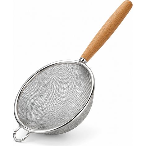 Petite passoire filtrante en inox à manche en bois de hêtre — tamis de cuisine 10 cm pour jus et bouillon (1/5)