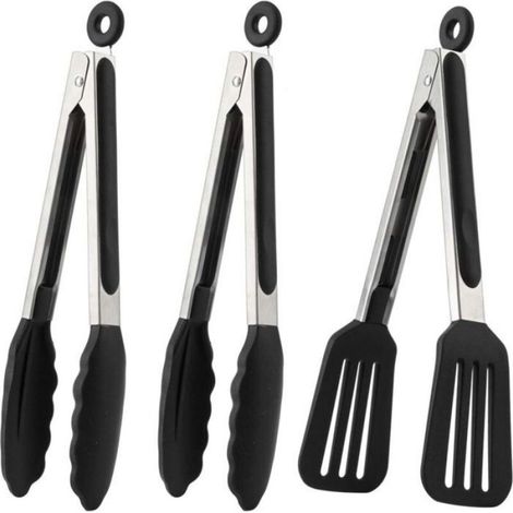 Pinces Barbecue - Acier Inoxydable - 22 Cm - Silicone Alimentaire - Antidérapantes - Avec Clip De Fermeture - Lot De 3