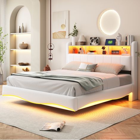 Cama doble tapizada con almacenaje LED y USB beige OKMYHOME (1/5)