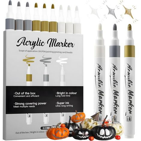 Lot de 8 Marqueurs Blancs Permanent Indélébile - Stylo Peinture Acrylique à Pointe Fine pour Bois, Pierre, Verre, Plastique & Cuir - Séchage Rapide & Résistant à l'Eau (Blanc/Argent/Or) (1/5)