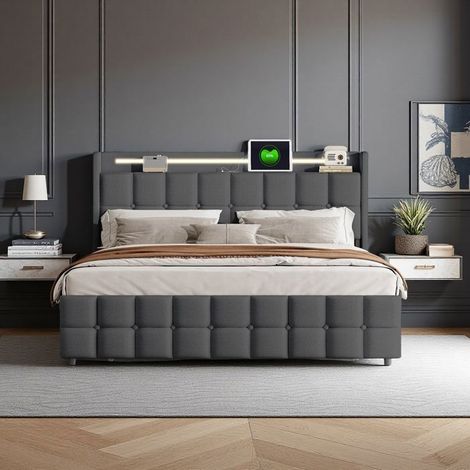 Doppelbett 160x200 cm - Integrierte LED - 4 Schubladen - Modernes Design - Grauer Leinenstoff