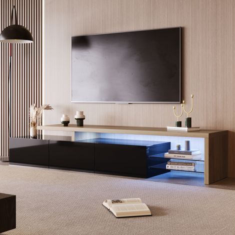 Dans Les Nuages – Meuble TV 200 cm noir – Éclairage LED réglable – 3 portes de rangement – 2 étagères en verre – Bois et métal moderne (1/5)