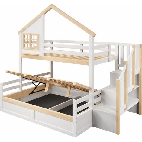 Litera infantil 90x200 y 140x200 cm con almacenaje hidráulico blanco natural (1/5)