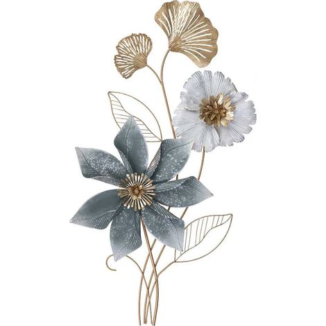 Décoration murale florale multicolore style contemporain - fleurs bleu gris blanc doré (1/5)