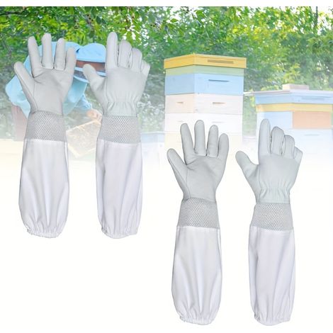 2 paires de gants d'apiculture en peau de mouton avec manches courtes en maille respirante en coton, fournitures d'apiculture - Blanc-XXL (1/4)