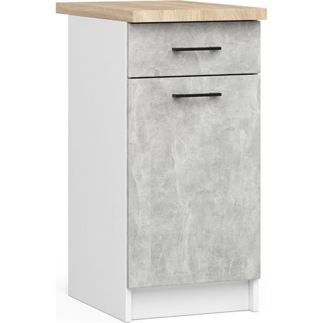 Küchenschrank AKORD OLIWIA modular S40 Unterschrank mit Arbeitsplatte Weiß 40 cm Tür Schublade 2 Ebenen Front Beton B40 x H85 x T46 cm