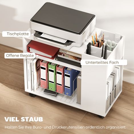Support de bureau pour imprimante avec tiroirs et zone de stockage, 70 x 34 x 60 cm, blanc (1/4)