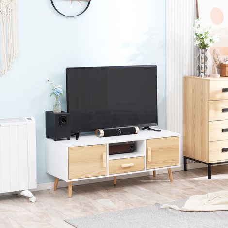 Meuble TV scandinave pour télé 46 pouces, 1 tiroir, 2 placards, niche et passe-câbles, mobilier de salon, 120×37×45,5 cm