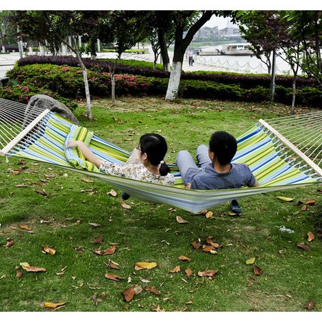 Hamaca Colgante de Jardín para 2 Personas Hamaca Ecológico para Camping con Almohada Carga de 180 kg Rayas Azules y Verdes 3,4x1,4m (1/5)