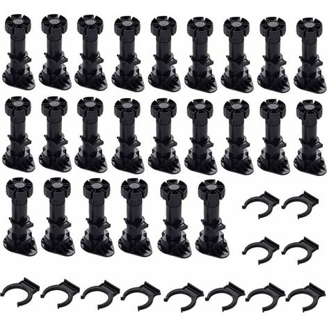 24 Pièces Pieds D\'Armoire Plastique,Pied de Meuble,Pied Réglable pour Meuble,Noir Pieds de Meuble Plastique avec Clip Fixation Base pour Meubles de Cuisine,Armoire et Canapé (80mm-100mm) (1/4)