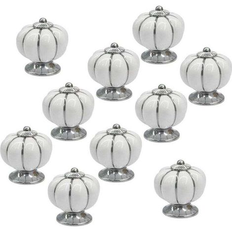 10 Poignées de Tiroir en Céramique Blanche Rondes Style Citrouille Finition Chrome pour Meuble (1/4)