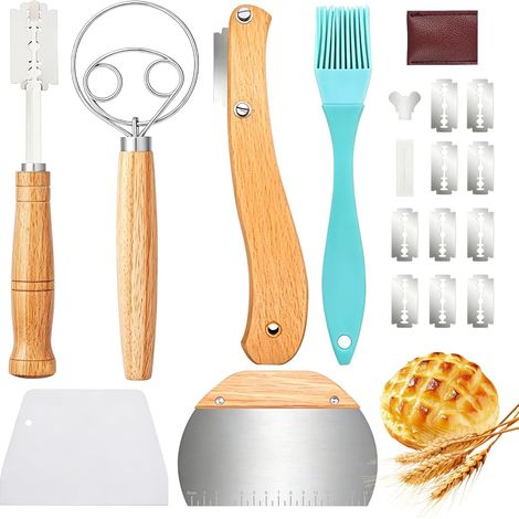 6 couteaux de boulangerie, avec 10 lames de boulangerie et étui de protection en cuir, fouet danois, grattoir à gâteau, 2 emporte-pièce, 1 brosse à pain en silicone (1/5)