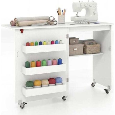 Table de couture pliable, station de loisirs créatifs sur roulettes avec compartiment de rangement, 3 contenants cachés, table de co (1/5)