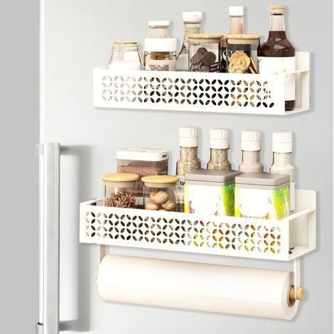 Etagere Magnetique Frigo, Porte-Épices Multifonctionnel Convient pour Réfrigérateur, Pas Besoin de Percer des Trous, Forte Force D'adsorption, avec Porte-serviettes en sopalin (Blanc) (1/5)