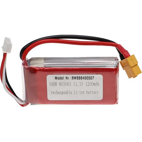 vhbw Akku kompatibel mit XT60 Stecker für Modellbau z.B. Racing Car, Helikopter, Flugzeug (1200mAh, 11,1V, Li-Polymer, 73 x 31 x 15 mm)