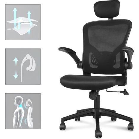 Office Chair with Back Support, Bigzzia High Back Ergonomic Computer Chair with 90° Flip-Up Armrest, Adjustable Headrest, Swivel Mesh Chair for Home and Office Use (1/5)