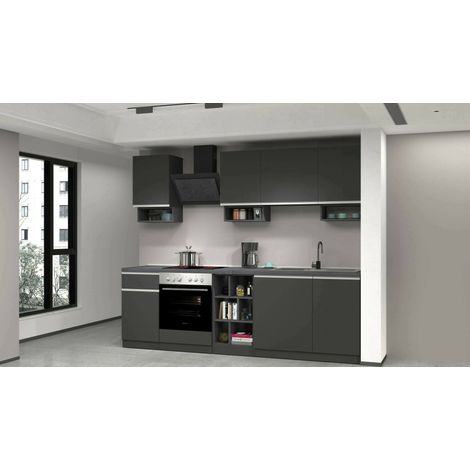 Dmora - Cocina completa Rudolf, Cocina práctica y que ahorra espacio, Pared de cocina con 7 puertas y 1 cajón, 100% Made in Italy, 255x60h85 cm, Antracita y Pizarra, con embalaje reforzado (1/5)