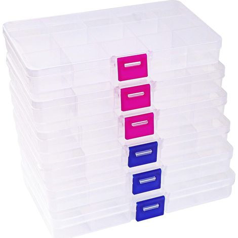 6 Pcs Storage Boxes 15 Compartments Adjustable Grids Plastic Storage Box Clear Plastic Containers, for Storage Necklace, Jewelry, Earring, Screws (1/5)