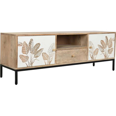 Meuble TV blanc design en bois de mangue moderne - Blanc cassé avec motifs de feuilles (1/5)