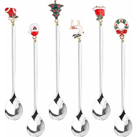Weihnachts-Teelöffel, 6 Weihnachtslöffel, silberne Weihnachts-Dessert-Teelöffel aus Stahl mit Weihnachtsanhängern, Weihnachtsbaum-Elchhut-Glocken, Geschenkbox-Verpackung (Silber) (1/5)