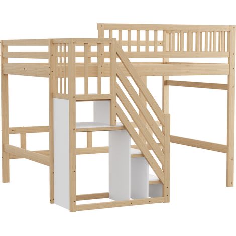 Letto rialzato 140 x 200 cm in legno con scala contenitore e sponda alta HOMVRA (1/5)