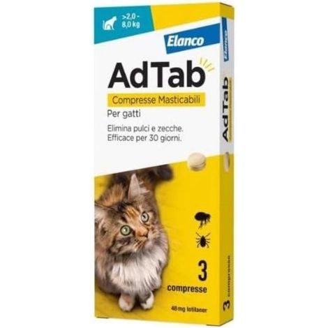 Compresse Antiparassitarie Masticabili AdTab per Gatti da 2 a 8 kg 3 Compresse da 48 mg Protezione Mensile contro Pulci e Zecche Elanco