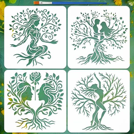 4 Pcs Pochoirs de Peinture Femme Arbre de Vie avec Pinceau 30x30cm Pochoirs de Silhouette de Couple Pochoir Floral Romantique Femme Pochoir d'Art Mural DIY pour Peinture sur Bois Tissu (1/5)
