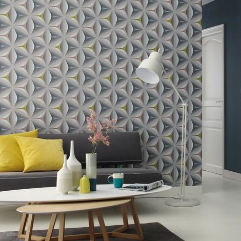 3D Geometric Wallpaper Retro Abstract Embossed Flower Graphic Grey Teal Olive (1/4)