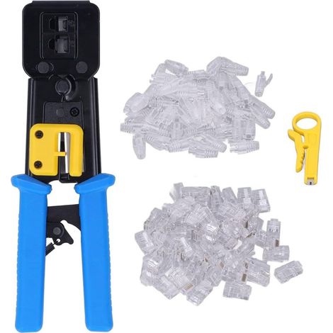 Kit de sertissage RJ45/RJ11 pour connecteurs traversants avec 50 connecteurs traversants Cat5/5e, 50 attaches de câble transparentes et lames de rechange