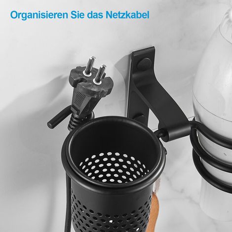 Soporte para secador de pelo, montaje con taladro o adhesivo, color negro, para baño, 1 unidad.