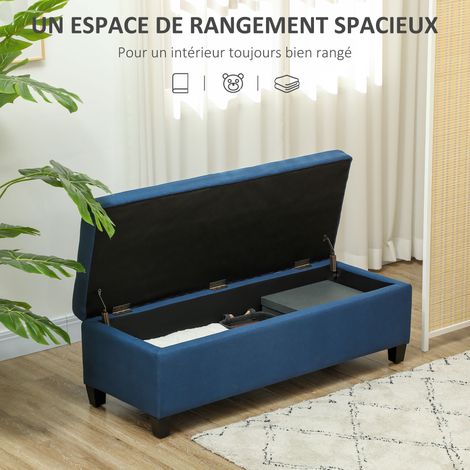Banc rangement 94,5L banquette lin pieds bois 125x49x41,5 cm bleu (1/5)