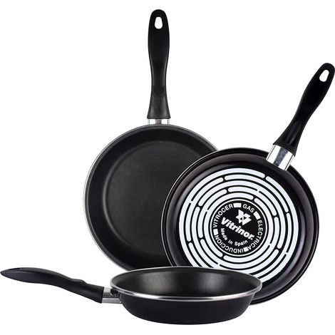 MAGEFESA Black Set di 3 padelle (24/26/28) cm, esterno nero. Antiaderente doppio strato rinforzato, adatto a tutti i tipi di fornelli, speciale induzione. 50% di risparmio energetico (1/4)