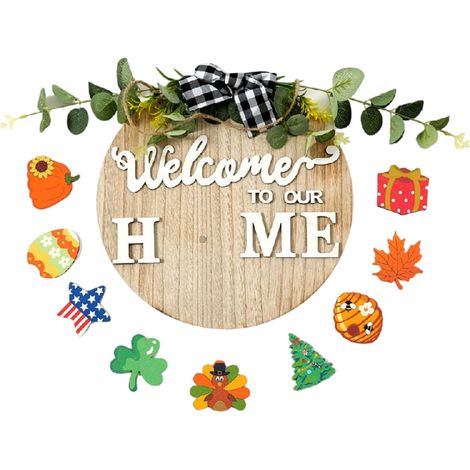 Panneau Bienvenue - Bois Naturel Ronde 30 cm - Décor Extérieur Porte d'Entrée - Changeable Saisonnier - 9 Icônes Incluses - 1 Pièce (1/2)