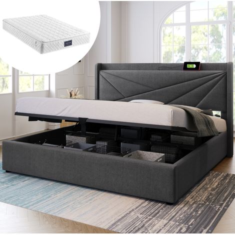 Polsterbett 140/200 cm in Grau mit Bettkasten, USB-C und Matratze (1/5)