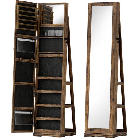 Armoire à bijoux pivotante verrouillable avec miroir, coffre de rangement multi-compartiments, étagère à bijoux en bois brun rustique. (1/5)