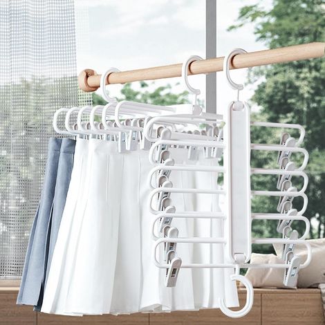 Portant gain de place pour pantalons et jupes Cintres pliables pour foulards avec pinces - Organisateurs de rangement pour vêtements et jupes (1/4)