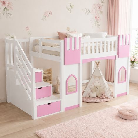 Cama alta infantil 90x200 cm de madera blanca/rosa, ahorra espacio, sin colchón FloraGrace (1/5)
