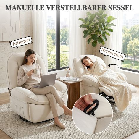 Fauteuil relax pivotant, chaise berçante et inclinable à assise profonde, épais coussin de dossier, montage facile, beige (1/5)