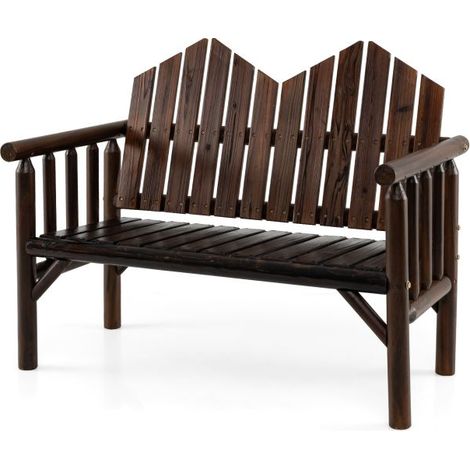 Banc de jardin 2 personnes en bois massif marron, dossier incliné, assise à lattes spacieuse, banquette loveseat pour terrasse, véranda et bord de piscine (1/5)