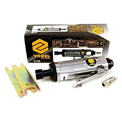 Vorel 81108, lijadora neumática recta de 6 mm, 22,000 RPM, 115 l/min, con conector rosca 1/2” – 1/4”, ideal para lijado y pulido, 1 pieza.