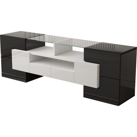 Meuble TV élégant, meuble bas, blanc brillant, 145 cm, éclairage LED, meuble de salon, design moderne, élégante surface en verre.