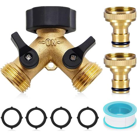 mizikuu Vanne à 2 voies, Distributeur Arrosage 2 Voies Robinet Double Machine a Lave Raccord Tuyau d'arrosage en Laiton de 3/4" avec vannes Marche/arrêt