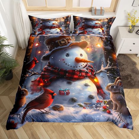 Bonhomme de Neige Housse de Couette 140x200 Décorations de Noël Literie Set Garçon Fille Enfant Bonne Année Parure de Lit Lapin Mignon Oiseau Couvre Lit Lapin Mignon Thème d'hiver Literie - 140x200cm  (1/5)