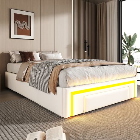 Lit plateforme 90 x 200 cm blanc en simili cuir PU sans tête de lit avec tiroirs, bande LED RGB, sommier métal pour chambre adulte moderne (1/5)