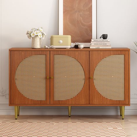 Buffet 129.8x40x76 cm noyer en panneau de particules avec 3 portes effet rotin et étagères réglables (1/5)