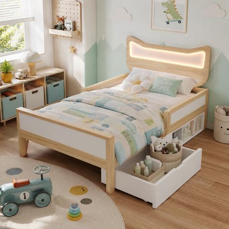 Lit simple enfant 90 x 190 cm avec tête de lit en forme d'oreilles de chat, éclairage LED, tiroir réversible et barrières, bois, blanc (1/5)